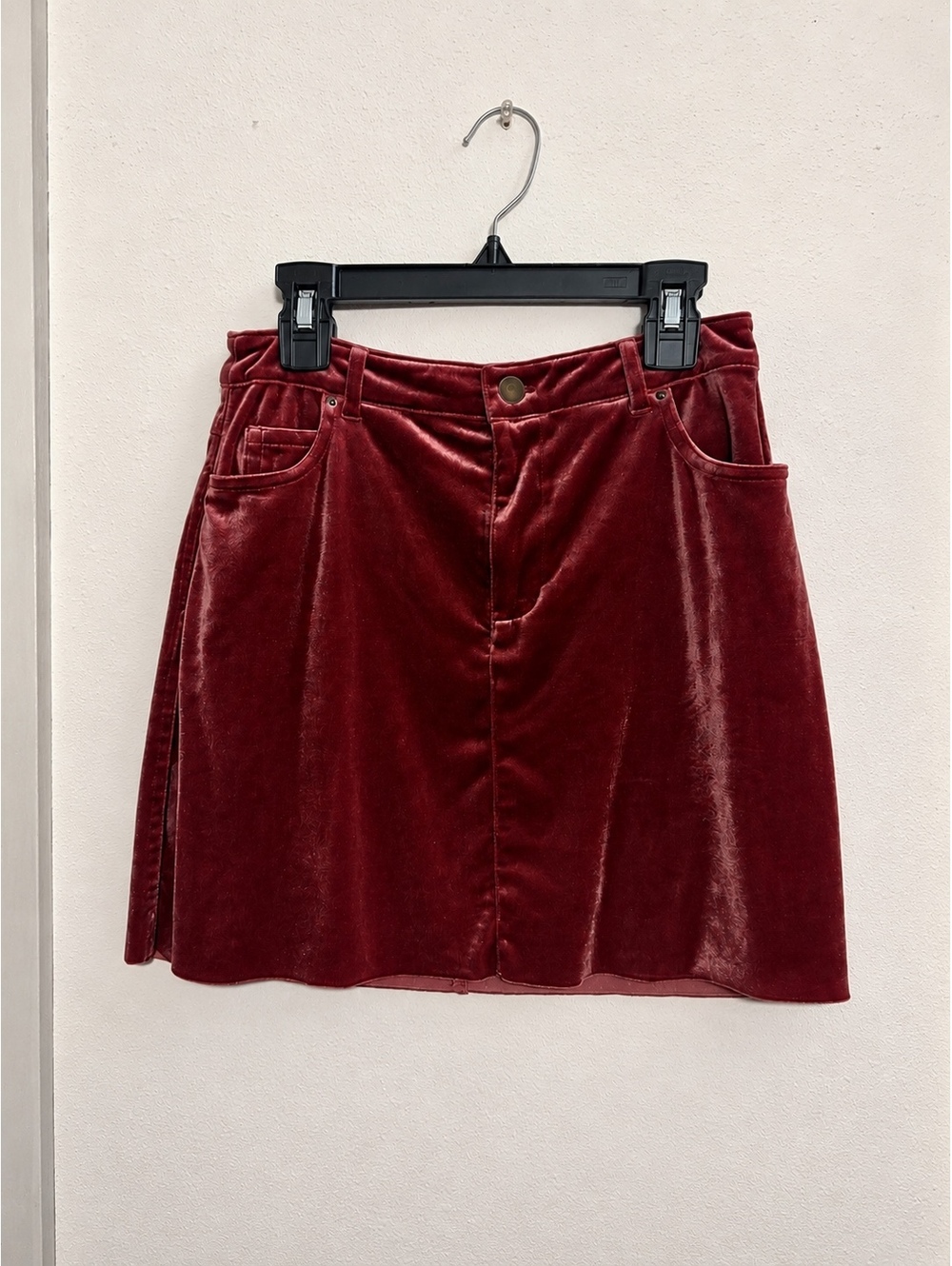 Burgundy velvet mini skirt